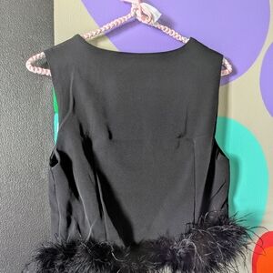 Black Sleeveless Top with Feather Trim